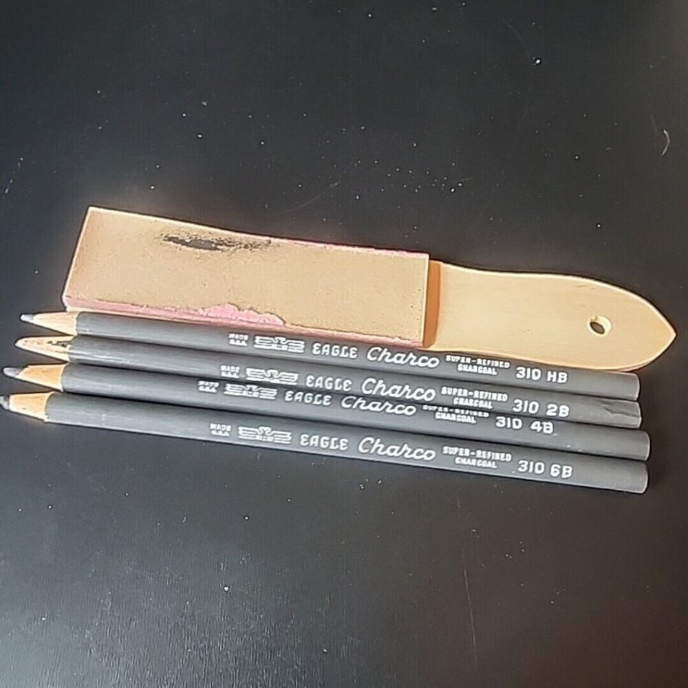 Set 4 EAGLE CHARCO, SUPER REFINED CHARCOAL PENCILS 310 Hb, 2B,4B,6B Sharpener